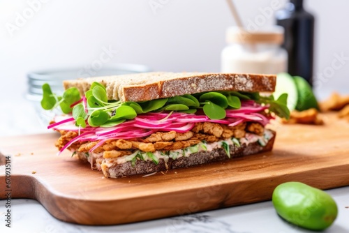 tempeh sandwich with crunchy lettuce and radish