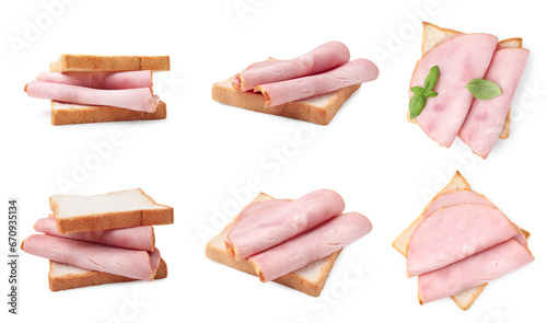 Tasty sandwiches with ham isolated on white, different sides