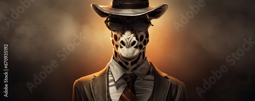 Animal giraffe wearing modern suit, hat, and glasses.