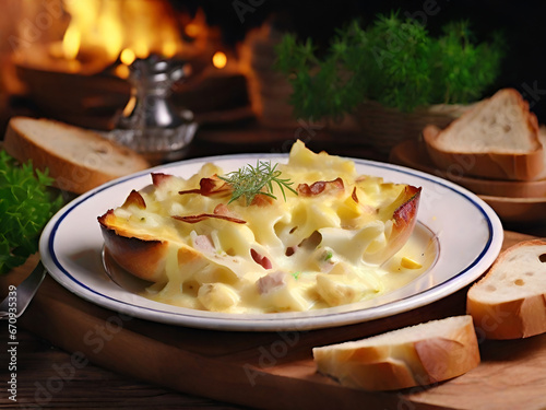 A tasty Tartiflette beautifully plated with garnish and a side of crusty bread .