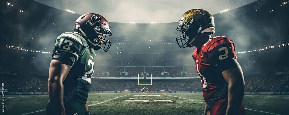 Two american football players with helmets standing opposite.