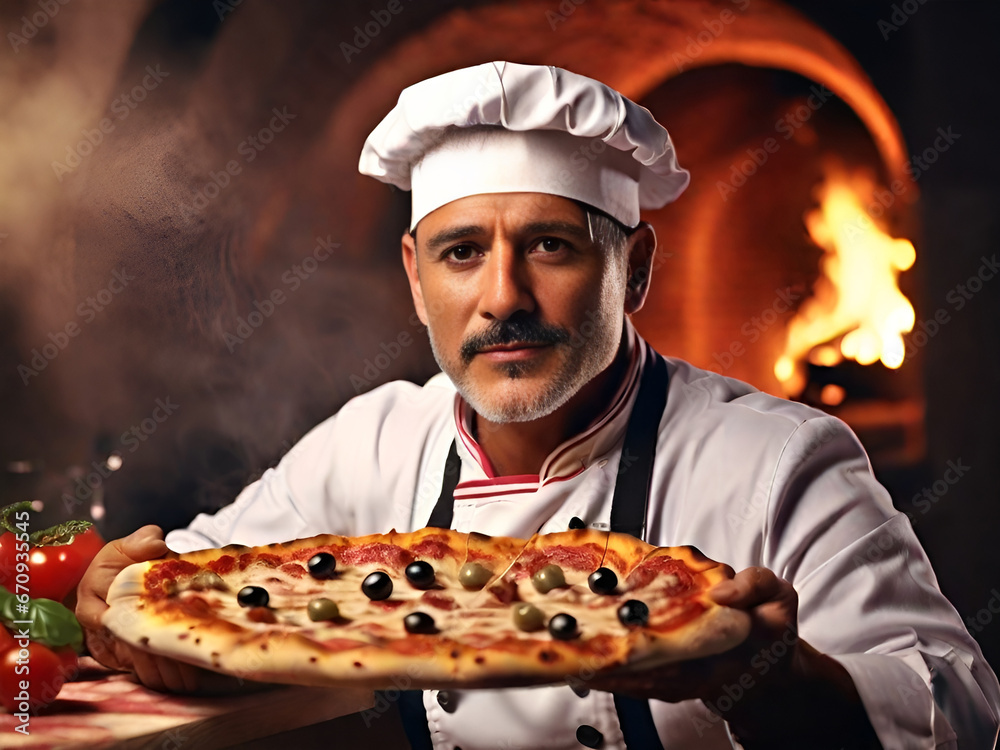 Taste of Italy. A pizzaiolo Chef from Naples Showcasing a Delicious Piping Hot Pizza. Copy Space. Neapolitan Gastronomy Taste of Italy. A pizzaiolo Chef from Naples Showcasing a Delicious Piping Hot Pizza. Copy Space. Neapolitan Gastronomy