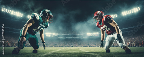 Two american football players with helmets standing opposite. © Alena