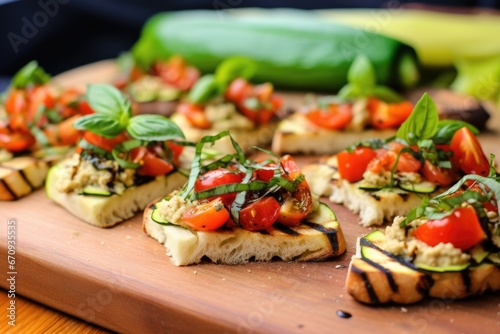 slices of bruschetta topped with hummus and grilled zucchini