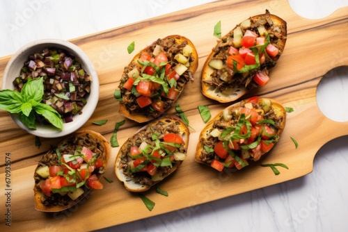 top down view of bruschetta with artichoke and olive tapenade