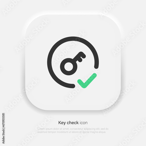 Key check vector icon in neumorphism style. Personal data security symbol. Vector EPS 10