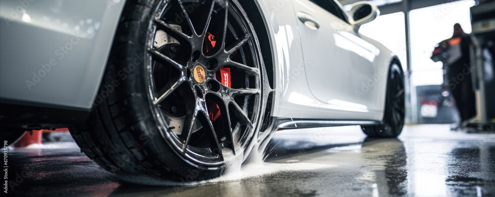 Fototapeta premium Sport car in white color covered with shampoo. Cleaning cars detail on wheel.