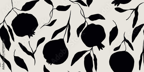 Seamless pattern of hand drawn  pomegranate and leaves. Perfect for textile manufacturing wallpaper posters etc. Vector illustration