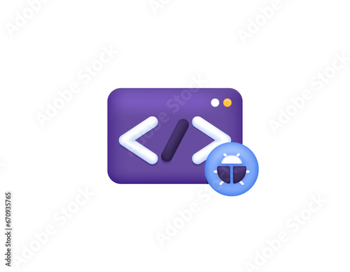 Program bugs or coding. Notification of a bug in the program. popup window with insect symbol. Software or application. coding and programming. symbol or icon. Minimalist 3D concept design. vector 