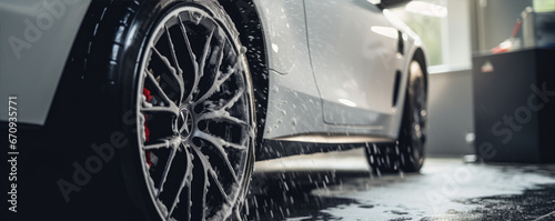 Sport car in white color covered with shampoo. Cleaning cars  detail on wheel. © Alena
