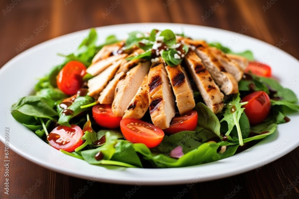 grilled chicken salad topped with whole cherry tomatoes grilled chicken salad topped with whole cherry tomatoes