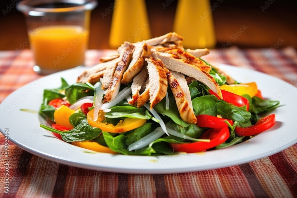 salad with spinach, grilled chicken strips, and bell peppers