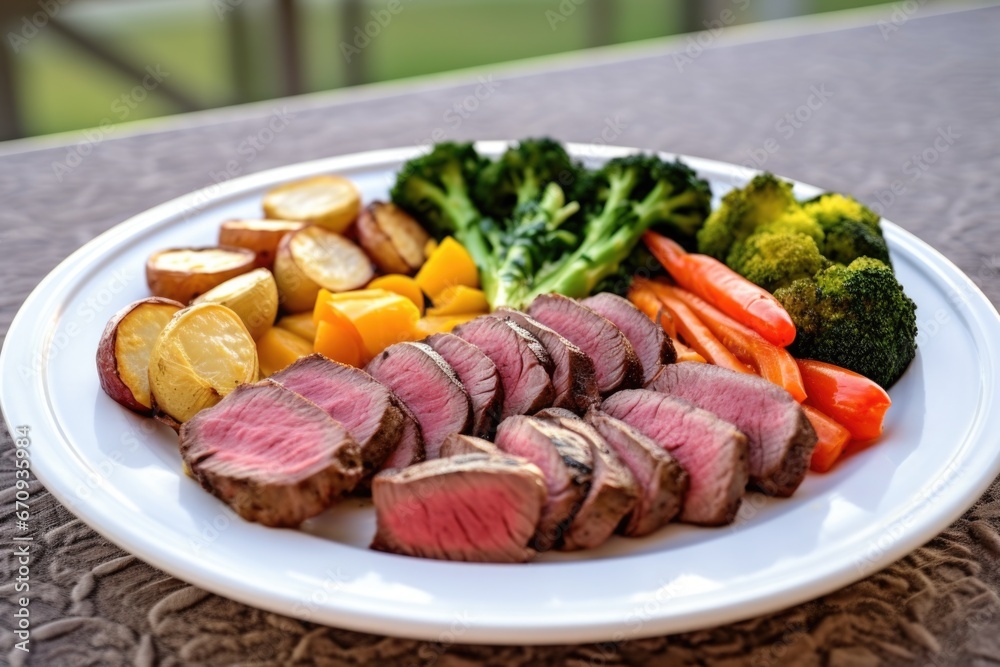 sliced filet mignon on white plate with grilled vegetables sliced filet mignon on white plate with grilled vegetables