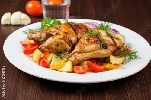grilled chicken with mixed vegetables on a white plate