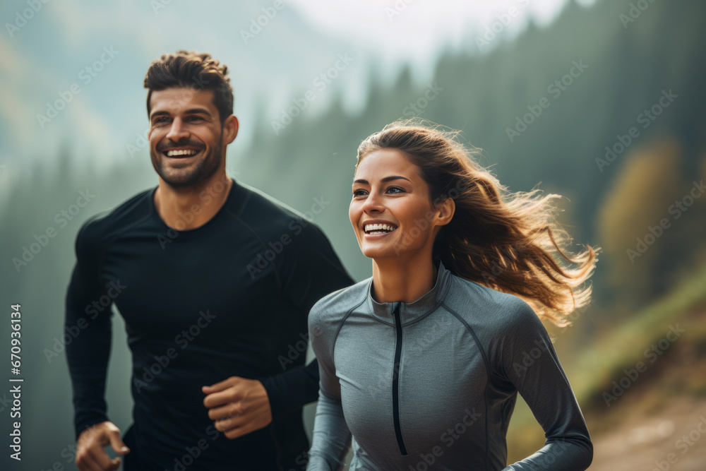 Couple doing sport together outdoor, running together. Morning run. Healthy lifestyle. Sport concept - obrazy, fototapety, plakaty 