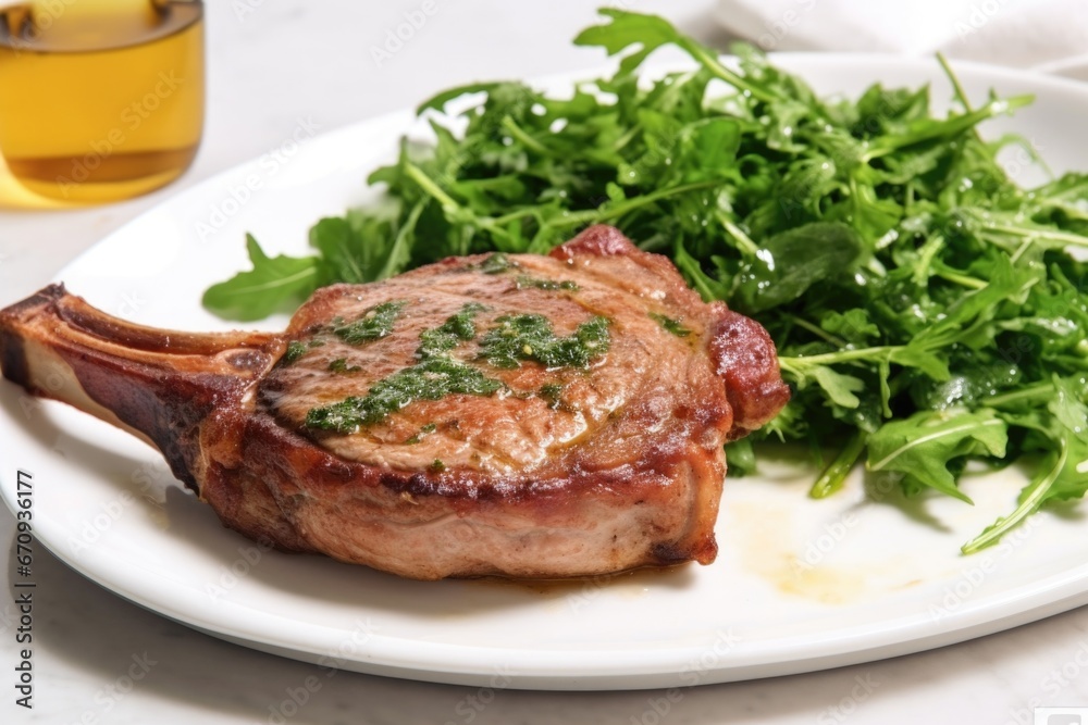 veal chop on a bed of arugula on a marble countertop veal chop on a bed of arugula on a marble countertop