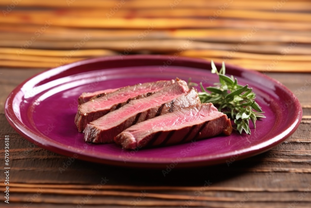grilled steak on a purple ceramic plate