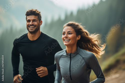Couple doing sport together outdoor, running together. Morning run. Healthy lifestyle. Sport concept photo
