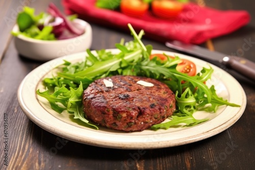 a beetroot burger with arugula on a ceramic plate