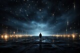 man walking in the night toward the light in empty space