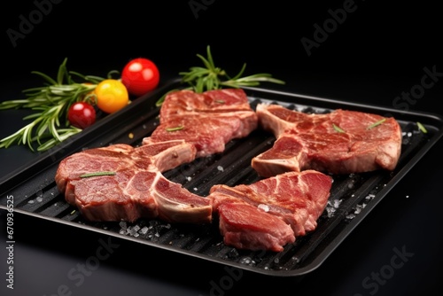 lamb chops with grill marks on a glossy black square plate