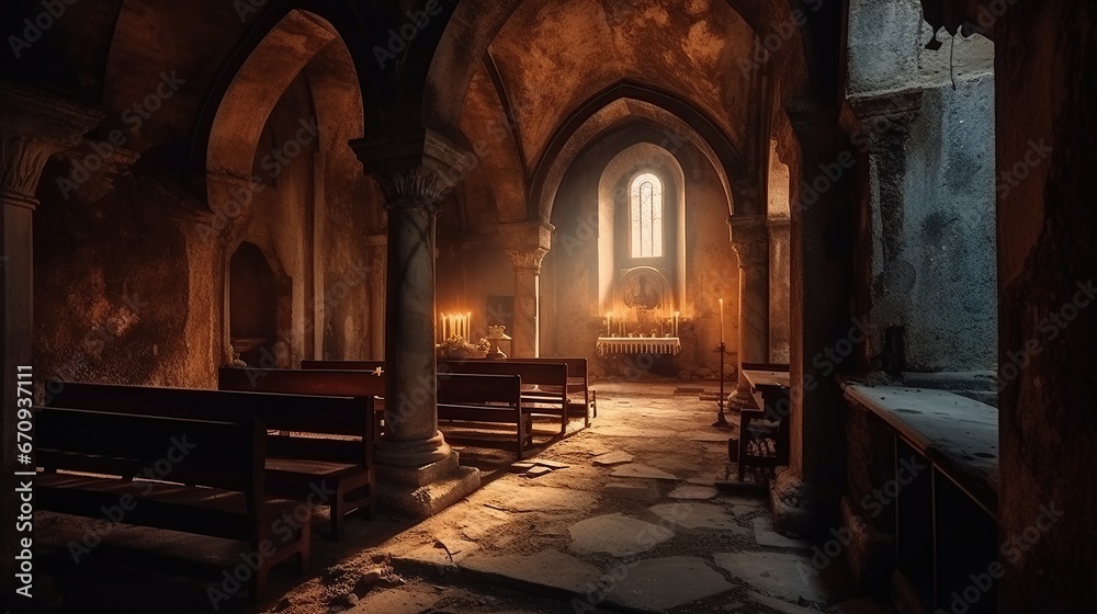 Ancient chapel interior with dim light and  some ruins,