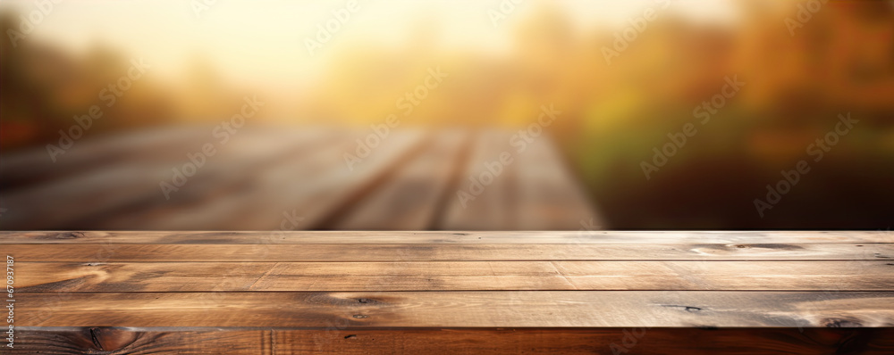 empty old wooden table with blured background. Plank board banner. empty old wooden table with blured background. Plank board banner.