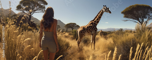 Girl next to giraffe on holiday days. Animal selfie photo