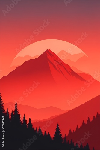 Misty mountains at sunset in red tone, vertical composition © Thanh