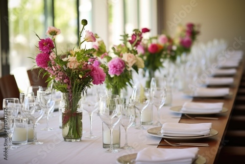 multiple flower arrangements in similar vases set professionally on long table