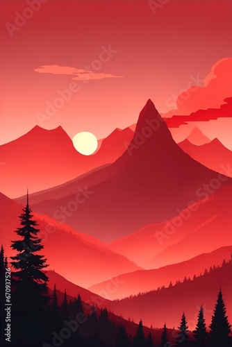 Misty mountains at sunset in red tone  vertical composition
