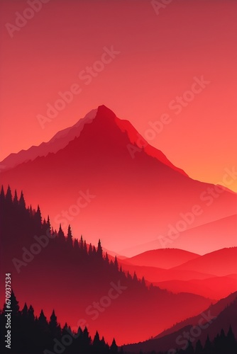 Misty mountains at sunset in red tone, vertical composition © Thanh