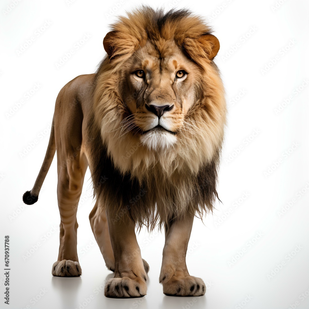Fototapeta premium lion isolated. lion isolated on white background with shadow. Lion looking into the camera. African wildlife