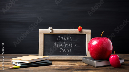 the text happy students day written in a chalkboard, placed on a rustic wooden school. generative ai