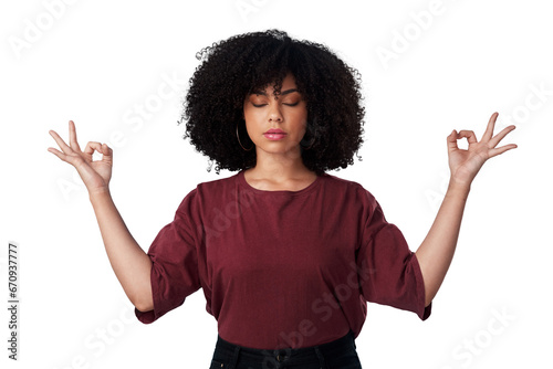 Woman, calm and yoga hands for peace with breathing in png or transparent and isolated background. Zen, meditate and female person with yogi exercise for wellness to relax for stress free or healing.