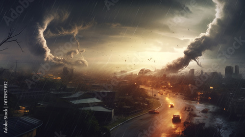 tornado or hurricanes destruction along its path toward fictitious city flying debris. generative ai