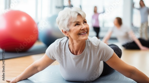 Active senior women doing pilates with soft ball in gym.