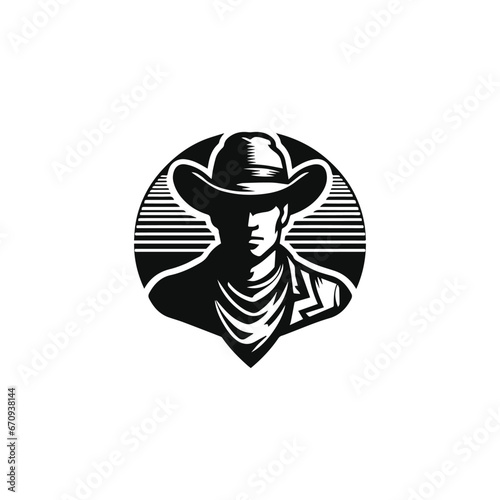 Man wearing cowboy hat vintage logo line art concept black and white color hand drawn illustration, western vintage retro logo