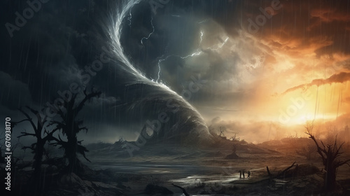 Tornado. Digital art. Massive tornado, cyclone on land with huge clouds. Thunderstorm. generative ai