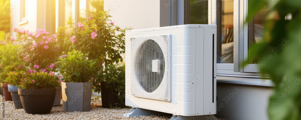 Air conditioner heat pump installed on side of building. Air conditioner heat pump installed on side of building.