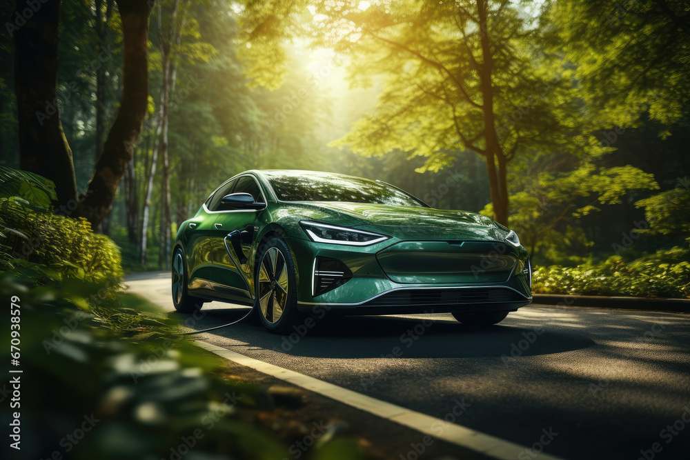 An environmentally friendly green electric car in green forest. Concept ...