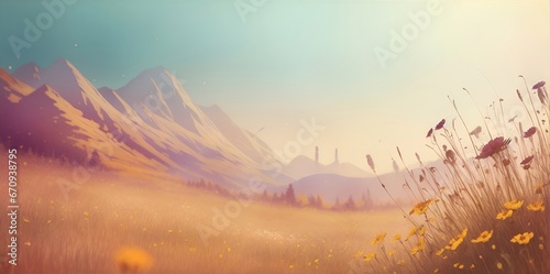 Beautiful vintage style meadow landscape. AI generated illustration photo