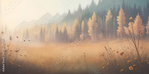 Beautiful vintage style meadow landscape. AI generated illustration photo