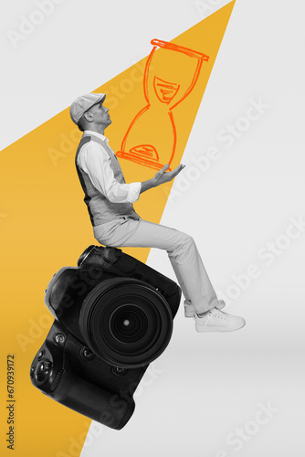 Happy young photographer celebrating financial income and money saving, pop art collage of a man sitting on a camera and an hourglass as a symbol of the passage of time