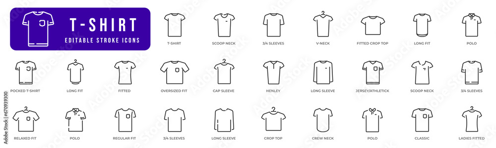 T-shirt line icons set. Collection of tshirt. Sim, fitted, long, relaxed, v-neck etc. Editable stroke - obrazy, fototapety, plakaty 