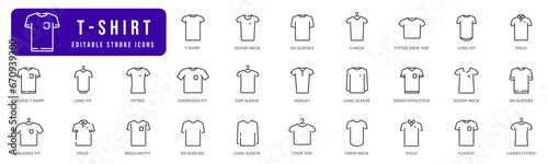 T-shirt line icons set. Collection of tshirt. Sim, fitted, long, relaxed, v-neck etc. Editable stroke