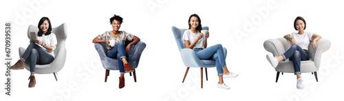 Set of Portrait of full body young woman happy smiling and sit chair using smart phone, holding coffee cup, isolated on white background, png