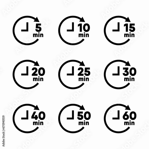 kitchen timer icon set, 1 to 60 minutes countdown symbols vector illustration