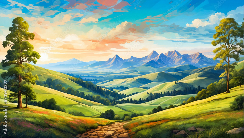 illustration of nature landscape with green hills and mountains