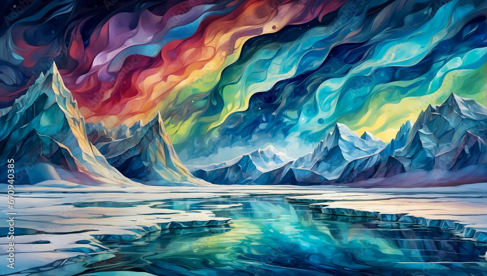 illustration of mountain landscape with beautiful and colorful auroras - obrazy, fototapety, plakaty 